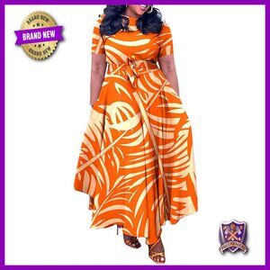 Plus Size Maxi Dress with Belt, Flowy Ruffle, African Print, Casual Wear